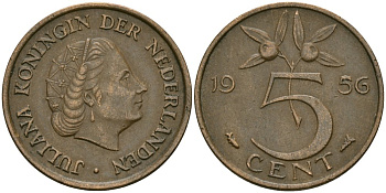 Нидерланды 5 центов 1956 Юлиана (1948-1980) KM 181 бронза 4579-621