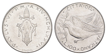 Ватикан 100 лир 1976 MCMLXXVI, Павел VI KM 122 нержавеющая сталь UNC 4648-153