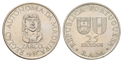Португалия, Мадейра 25 эскудо 1981 автономная область Мадейра KM 4 медно-никель UNC 4678-1047