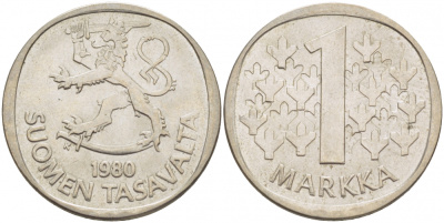 ФИНЛЯНДИЯ 1 МАРКА 1980 K KM 49а медно-никель 3718-811