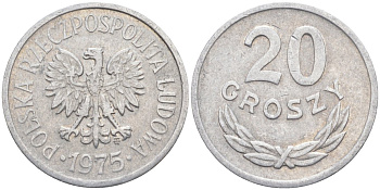 Польша 20 грошей 1975 MW KM A47 алюминий 3336-716