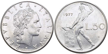ИТАЛИЯ 50 ЛИР 1977 R, БОГ ОГНЯ ВУЛКАН У НАКОВАЛЬНИ KM 95.1 нержавеющая сталь 34-655