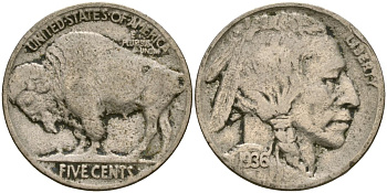 США 5 центов 1936 индеец, бизон KM 134 медно-никель 4525-1147