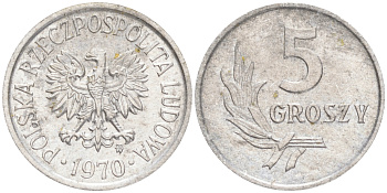 Польша 5 грошей 1970 MW  KM A46, Parchimowicz 204j алюминий 192-159