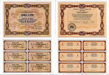 Акционерное общество открытого типа ДОКА-ХЛЕБ 10 акций обыкновенных именных стоимость 1000 рублей 1994 бумага 6207-11-1-1