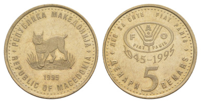 Македония 5 денаров 1995 50 лет ФАО KM 7a медь цинк никель UNC 4633-1057