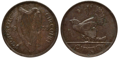 Ирландия 1 пенни 1928 курица с цыплятами KM 3 бронза 4557-1246