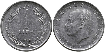 Турция 1 лира 1975 Мустафа Кемаль Ататюрк KM 889а.2 нержавеющая сталь 4178-1033