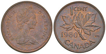 Канада 1 цент 1980 Елизавета II (1952-2022), кленовый лист KM 127 бронза 4651-1269