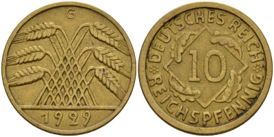 Германия 10 рейхспфеннигов 1929 G J. 317, KM 40 алюминиевая бронза    4603-814