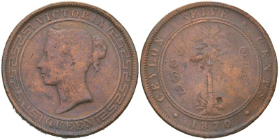Цейлон 5 центов 1870 KM 93 медь 109-111