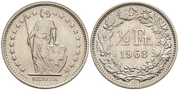 Швейцария 1/2 франка 1968 KM 23a медно-никель 4608-527