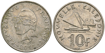 Французская Новая Каледония 10 франков 2012 рыбачья парусная лодка, (IEOM) KM 11a, Schoen 13a, Lec 99k медно-никель 65-951