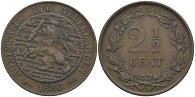 Нидерланды 2 1/2 цента 1886 Виллем III (1849-1890) KM 109 бронза 4175-737