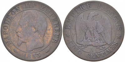 ФРАНЦИЯ 5 САНТИМОВ 1853 A, НАПОЛЕОН III (1852-1870) KM 777.1, LE FRANC 116.1 бронза 3457-932