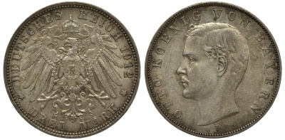 Бавария 3 марки 1912 Отто (1886-1913) Weege 45, J. 47, KM 515 серебро 3711-2111
