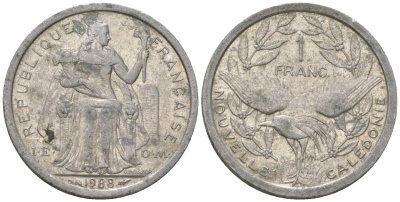 Французская Новая Каледония 1 франк 1988 птица кагу, (IEOM) KM 10, Schoen 10, Lec 48 алюминий 53-431