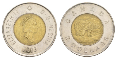 Канада 2 доллара 2003 Елизавета II (1952-2022), полярный медведь KM 270 биметалл 4631-841