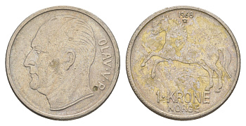 Норвегия 1 крона 1968 лошадь, Улаф V (1957-1991) KM 409 медно-никель 4156-231