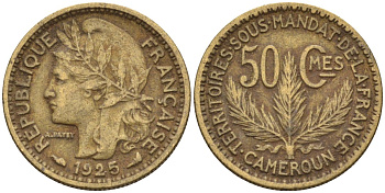 Французский Камерун 50 сантимов 1925 (а), монетный двор Париж KM 1 алюминиевая бронза 4164-1215