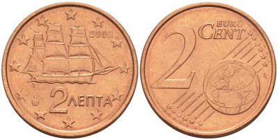 ГРЕЦИЯ 2 ЕВРОЦЕНТА 2002 KM 182 сталь плакированная медью UNC 214-343