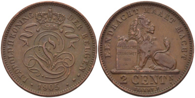 БЕЛЬГИЯ 2 САНТИМА 1905 BELGEN KM 36 медь 28-231