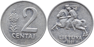ЛИТВА 2 ЦЕНТА 1991 KM 86 алюминий 4393-834
