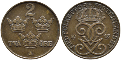 Швеция 2 эре 1913 Густав V (1907-1950) KM 778 бронза 54-1536