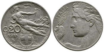 Италия 20 чентезимо 1913 R, Виктор Эммануил III (1900-1946) KM 44 никель 4622-344