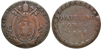 Италия, папская область 1 кватрино 1824 B, Лев XII KM 1294.1 медь 00-00