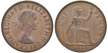 Великобритания 1 пенни 1966 Елизавета II (1952-2022) KM 897, Spink 4157 бронза 51-2331