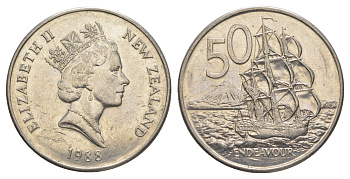 Новая Зеландия 50 центов 1988 Елизавета II (1952-2022), парусник Индевор KM 63 медно-никель 4384-1045