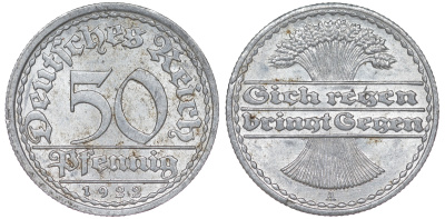 Германия 50 пфеннигов 1922 A KM 27, J. 301 алюминий 4159-414