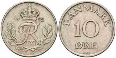 Дания 10 эре 1952 C; S, Фредерик IX (1947-1972) KM 841.1 медно-никель    4189-229