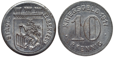 Германия, округ Эльберфельд 10 пфеннигов 1917 Вупперталь, Северный Рейн-Вестфалия, нотгельд Funck 111.5 железо 4119-454