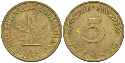 ФРГ 5 пфеннигов 1969 F KM 107, J. 382 сталь плакированная латунью 4514-523