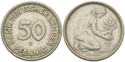 ФРГ 50 пфеннигов 1949 J KM 104, J. 379 медно-никель 112-948