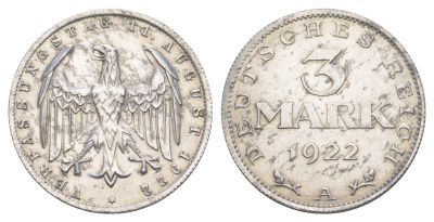 Германия 3 марки 1922 A, 3-я годовщина Веймарской конституции KM 29, J. 303 алюминий aUNC 4637-156