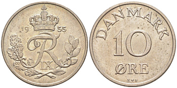 Дания 10 эре 1955 N; S, Фредерик IX (1947-1972) KM 841.1 медно-никель 187-469