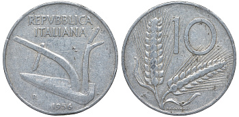 Италия 10 лир 1956 R, колосья KM 93 алюминий 4543-516