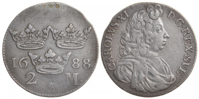 Швеция 2 марки 1688 Карл XI (1660-1697) KM 282.1 серебро 00-804-72