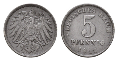 Германия 5 пфеннигов 1919 F KM 19, J. 297 железо плакированная цинком 4636-341