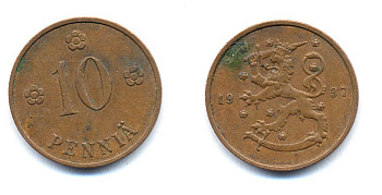 Финляндия 10 пенни 1937 KM 24 медь 51-5613