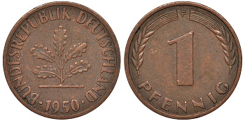 ФРГ 1 пфенниг 1950 F KM 105 сталь плакированная медью 4164-123