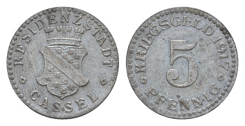 Кассель 5 пфеннигов 1917 Funck 78.2, Men05 4302.5, Men18 5464.2 цинк 4659-233