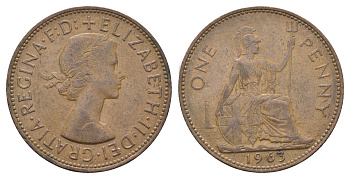 Великобритания 1 пенни 1963 Елизавета II (1952-2022) KM 897, Spink 4157 бронза 4661-913