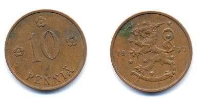 Финляндия 10 пенни 1937 KM 24 медь 51-5613