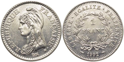 Франция 1 франк 1992 200 лет Французской республике KM 1004.1, Le Franc 229.2 никель 117-237