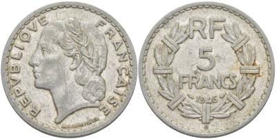 ФРАНЦИЯ 5 ФРАНКОВ 1946 В KM 888b.2 алюминий 4183-1216