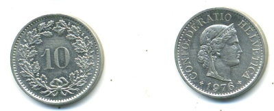 Швейцария 10 раппенов 1976 KM 27 медно-никель 4379-357